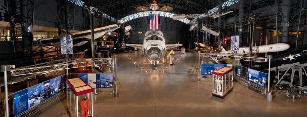 Panoramic view of the James S. McDonnell Space Hangar at the Smithsonian Nat