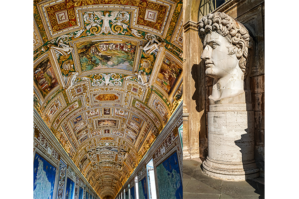 estatua de la cabeza de césar augusto cerca de pinturas en las paredes y el techo en la galería de del museo vaticano